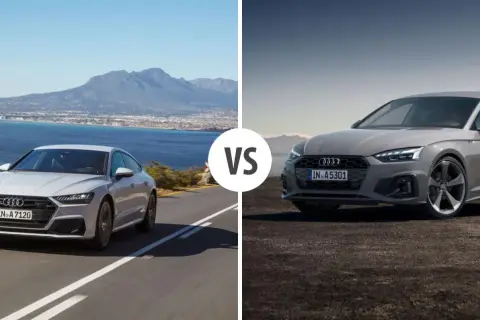 Porównanie Audi A7 i A5. Białe A7 na krętej drodze z widokiem na morze i góry. Szare A5 na tle pustkowia.