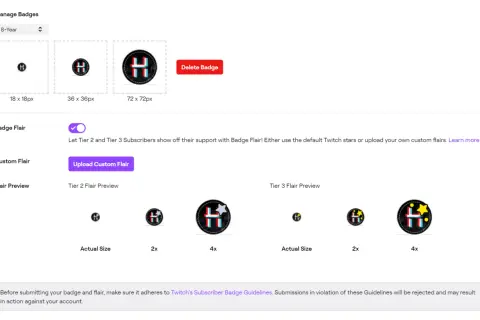 Twitch-Badges in verschiedenen Größen, mit Flair-Optionen für Abonnenten. "Sub" als Jugendsprache-Begriff für Abonnent.