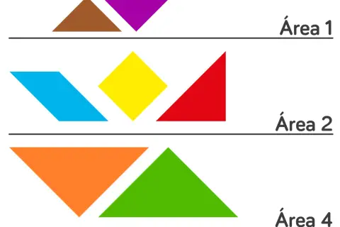 Figuras tangram de colores: marrón, morado, azul, amarillo, rojo, naranja y verde, divididas en tres áreas.