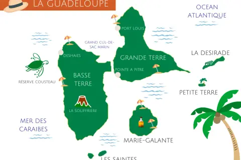 Carte de la Guadeloupe, idéale pour un circuit de 15 jours. Explorez Basse-Terre, Grande-Terre, Les Saintes, Marie-Galante et La Désirade.