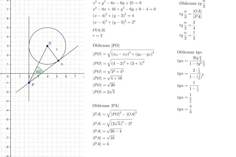 Na wykresie okrąg o środku O(4,3) i promieniu r=2. Punkt P(-1,-1) i A(5,1). Obliczanie tg(α/2) i tga.