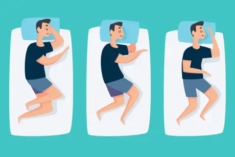 Three men sleep in different positions. The middle and right positions may help with acid reflux.