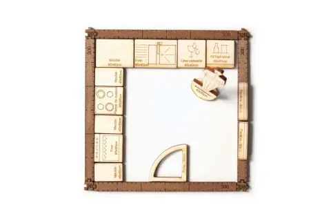 Maquette de disposition cuisine en bois avec meubles, évier, plaque de cuisson, four, lave-vaisselle, réfrigérateur, porte et fenêtres.