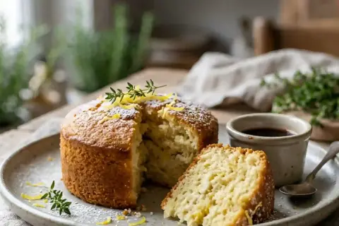 Un gâteau à la ricotta sicilien, saupoudré de sucre glace et décoré de zestes de citron et de thym, est servi avec une petite tasse de café.