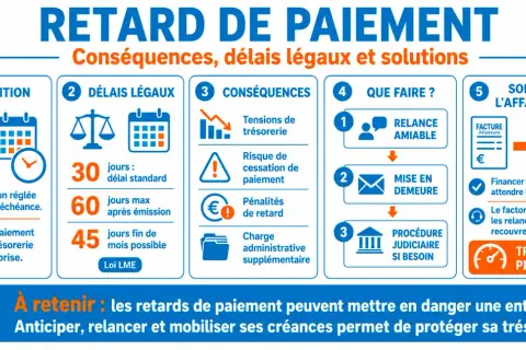 Infographie sur le retard de paiement : définition, délais légaux, conséquences, actions et solution d'affacturage. La date d'échéance est cruciale.