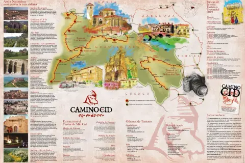 Mapa ilustrado de la ruta del Cid, con pueblos, monumentos y citas del Cantar.