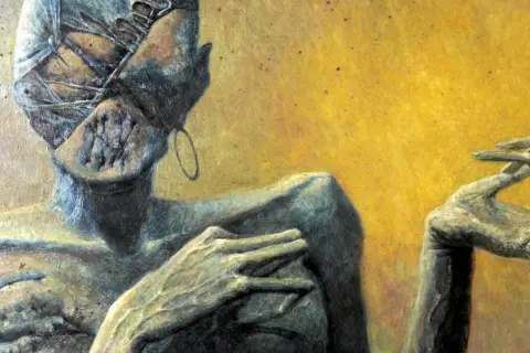Mroczne obrazy Beksińskiego: postać z bandażami na głowie i otwartymi dłońmi, w surrealistycznym, żółtym tle.