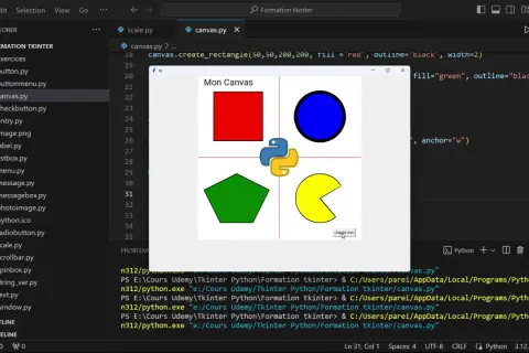 Un carré rouge, un cercle bleu, un pentagone vert et une forme jaune sur un canevas. Le code Python utilise la librairie tkinter pour créer ces formes avec différentes couleur.