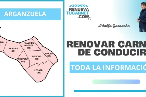 Mapa de Arganzuela con barrios y texto sobre renovar carnet de conducir. Información útil para trámites.