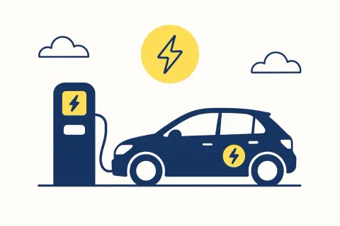 Illustration simple du fonctionnement d'une borne de recharge pour voiture électrique. Un véhicule bleu est branché à une borne bleue.