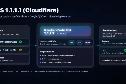 Schéma du déploiement du DNS 1.1.1.1 de Cloudflare, montrant les clients, les transports chiffrés (DoH, DoT, ODOH) et le point admin.