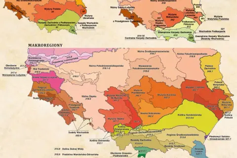 Mapa Polski z zaznaczonymi regionami. Na południu Polski znajdują się Sudety, które są częścią Wyżyn Polskich.