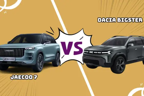 Jasnoniebieski Jaecoo 7 i ciemnoszary Dacia Bigster obok siebie, z napisem "VS" pośrodku.