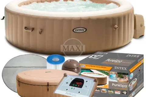 Nadmuchiwane jacuzzi Intex Pure Spa z akcesoriami: pompą, filtrem i pokrywą. Idealne do relaksu w ogrodzie.