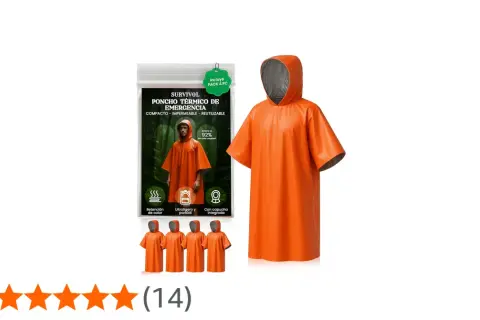 Poncho de supervivencia naranja, térmico y reutilizable. Ideal para emergencias, compacto, impermeable y con capucha.