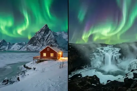 Niesamowita wycieczka do Norwegii: zorza polarna nad jeziorem z domkiem i nad lodowym wodospadem.