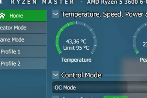 Ryzen Master pokazuje, ile stopni powinien mieć procesor. Aktualna temperatura to 43,36°C, limit 95°C.