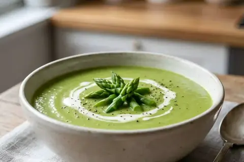 Un bol de velouté d'asperges crémeux, garni de pointes d'asperges fraîches et d'un filet de crème. Un délice printanier.