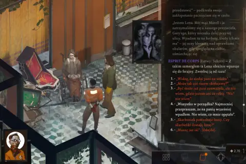Gra Disco Elysium spolszczenie. Lena siedzi na wózku, rozmawia z detektywem.