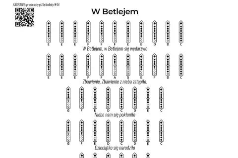 Nuty literowe kolendy "W Betlejem" na flet prosty. Pokazują, jak zagrać melodię, używając palców do zasłaniania otworów.
