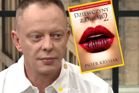 Mężczyzna w białej koszuli obok okładki książki "Dziewczyny z Dubaju 2".