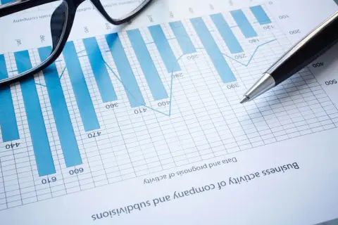 Analiza wykresu słupkowego z danymi finansowymi. Widoczne okulary i długopis sugerują analizę rachunku zysków i strat.