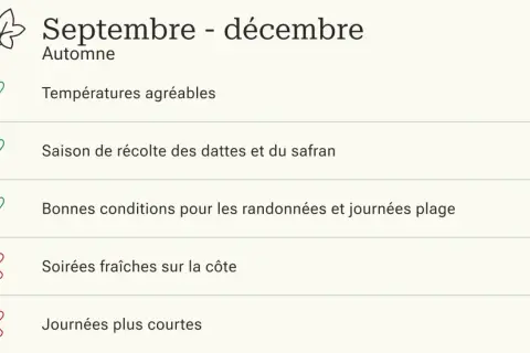 Septembre-décembre : parfait pour un trek Maroc avec températures agréables, récolte de dattes et safran, et bonnes conditions pour randonnées et plage.
