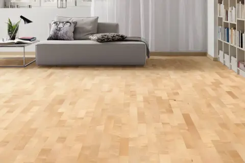 Suelo de parquet en color madera arce, con un sofá gris y estanterías llenas de libros al fondo.