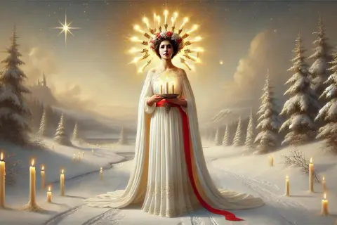 Lucia von Syrakus, gekrönt mit Kerzen, trägt Licht durch eine verschneite Winterlandschaft.