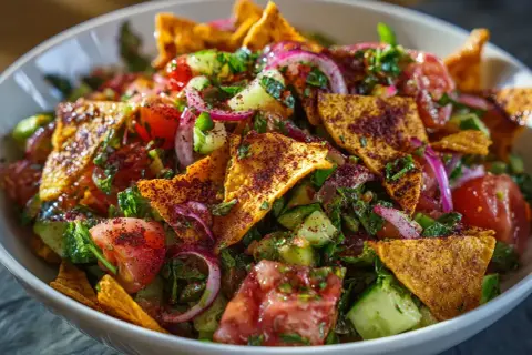 En härlig fattoush sallad med krispiga pitabröd, tomater, gurka, rödlök och färska örter, strödd med sumak.