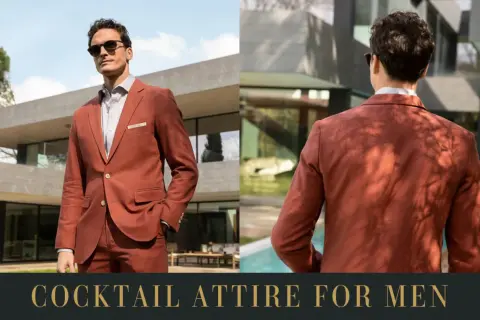 Mann in einem rostbraunen Anzug, perfekt für den **dresscode cocktail**. Stilvoll und modern, mit Sonnenbrille.