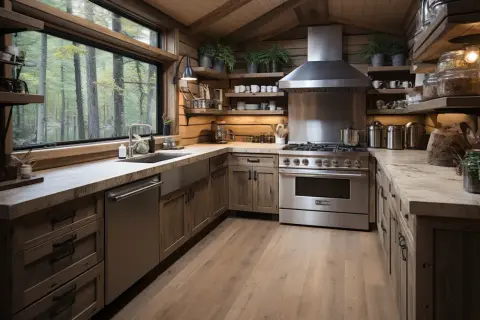 Cuisine rustique rénovée avec des armoires en bois brut, un grand évier en acier inoxydable et une vue imprenable sur la forêt.