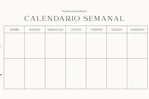 Organiza tus pendientes con este calendario semanal. Lunes a domingo, listo para tus planes.
