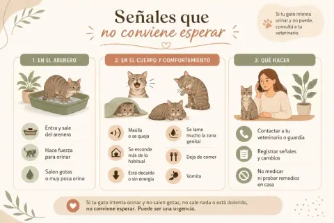 Gato en arenero, maullando, lamiéndose, decaído. Si tu gato intenta orinar y no puede, contacta al veterinario.
