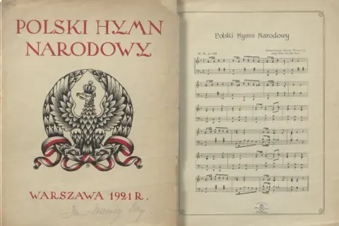 Okładka "Polski Hymn Narodowy" z 1921 r. z godłem orła i nutami, ukazująca, jak powstał hymn polski.