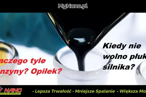 Czarny płyn wylewa się z lejka do naczynia. Tekst pyta: "Dlaczego tyle benzyny? Opiłek?" i "Kiedy nie wolno płukać silnika?". Problemy po płukance silnika mogą być poważne.