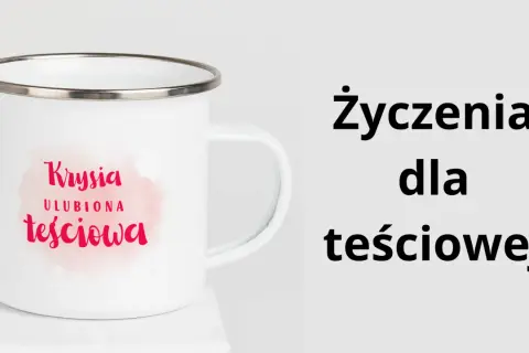 Biały kubek z napisem "Krysia ulubiona teściowa" i tekst "Życzenia dla teściowej". Idealny prezent!