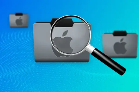Lupa powiększa ikonę folderu z logo Apple, symbolizując funkcję finder w systemie macOS.