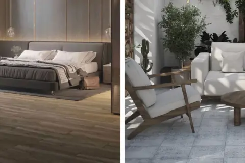 Chambre moderne avec sol imitation bois et terrasse avec un canapé blanc, un fauteuil en bois et un type de carrelage à motifs bleus.