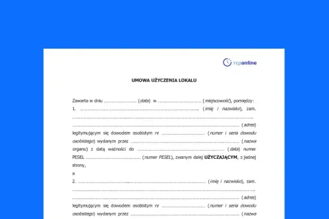 Formularz umowy użyczenia lokalu, zawierający pola do wpisania danych stron, daty i miejsca zawarcia umowy.