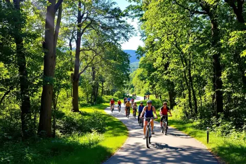 Grupa rowerzystów przemierza malownicze **Ciechocinek trasy rowerowe** wśród zielonych drzew.