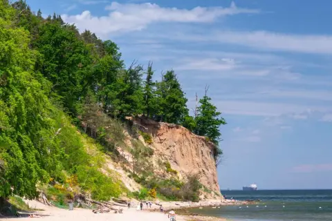 Plaża z klifem i lasem, idealne atrakcje nad morzem. Ludzie spacerują, odpoczywają, a na horyzoncie widać statek.