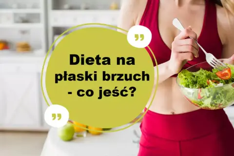 Kobieta w czerwonym stroju sportowym je sałatkę. Napis: "Dieta na płaski brzuch - co jeść?".