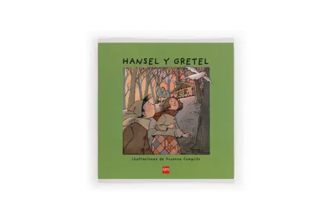 Hansel y Gretel, dos niños perdidos en el bosque, miran con asombro una casa de dulces y un pájaro blanco.