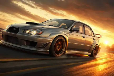 Coche deportivo plateado en una carretera al atardecer, con humo saliendo de las ruedas.