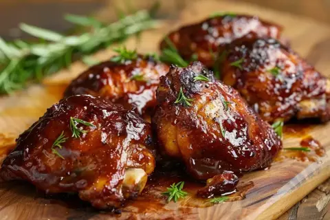 Saftiga, glaserade kycklingdelar med rosmarin på en träskärbräda. En härlig sticky chicken som ser otroligt god ut.