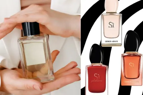 Dłonie trzymają flakonik perfum Giorgio Armani Si 100ml. Obok trzy inne flakony tej samej marki w różnych kolorach.