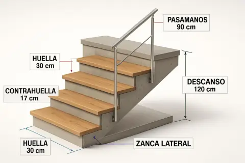 Detalle de una escalera moderna con peldaños de madera y estructura de hormigón. Se ilustra la huella (30 cm) y la contrahuella (17 cm) de cada escalón.