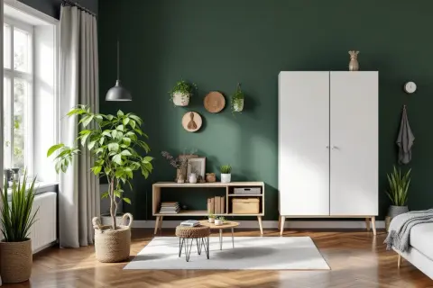 Ett mysigt vardagsrum med gröna väggar, en vit garderob och en trähylla med böcker och växter. En stor grön växt i en flätad korg. Kanske en inspiration för ett diy vas-projekt?