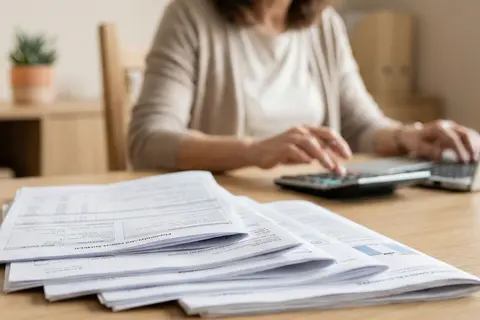 Kobieta liczy na kalkulatorze i pisze na laptopie, analizując dokumenty. Zastanawia się, ile zarabia pomoc nauczyciela w przedszkolu na rękę.